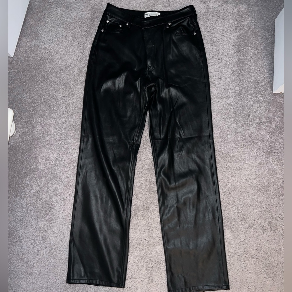 black faux leather straight leg pants